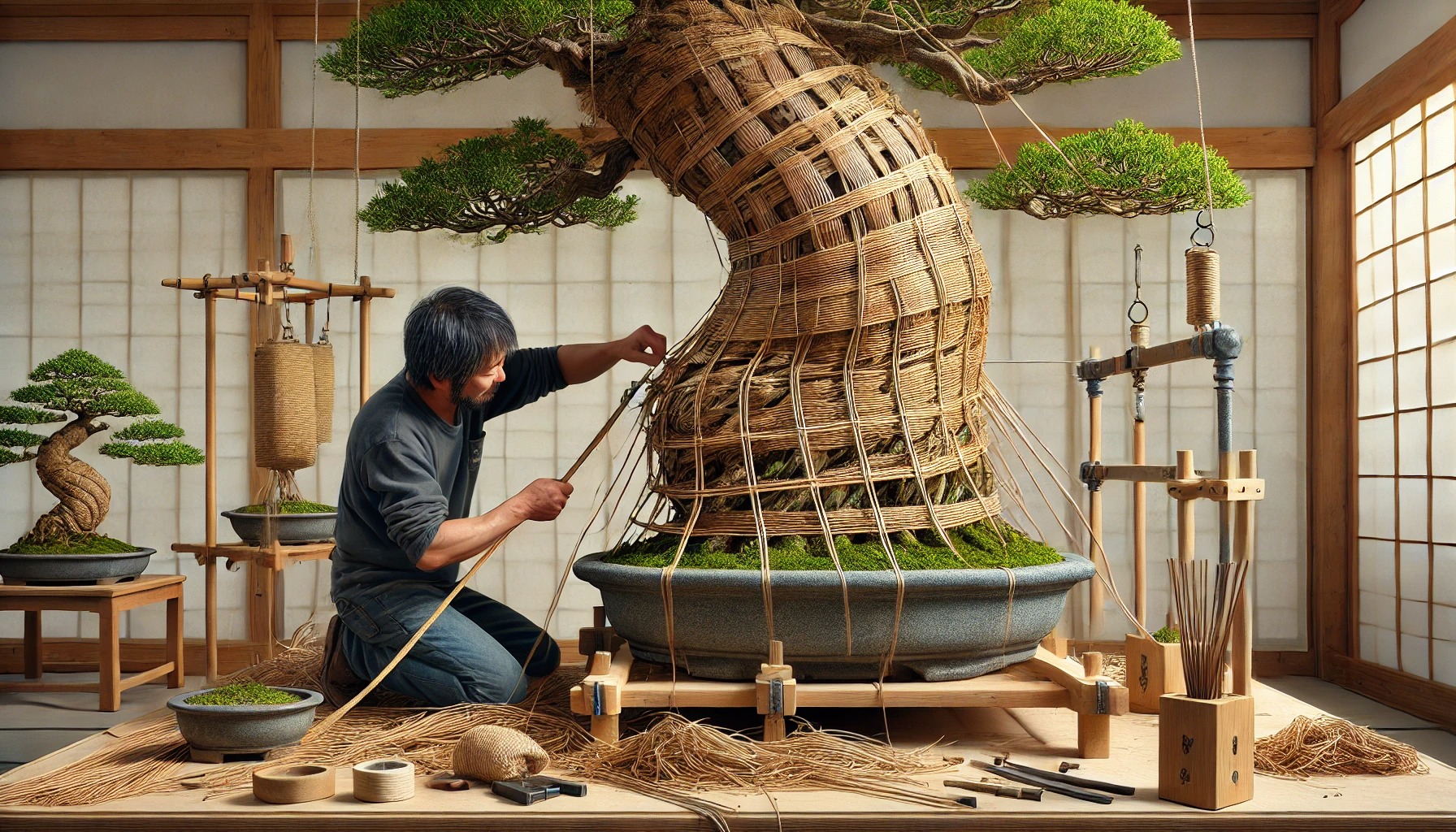 盆栽で太い幹を曲げる実践テクニック編